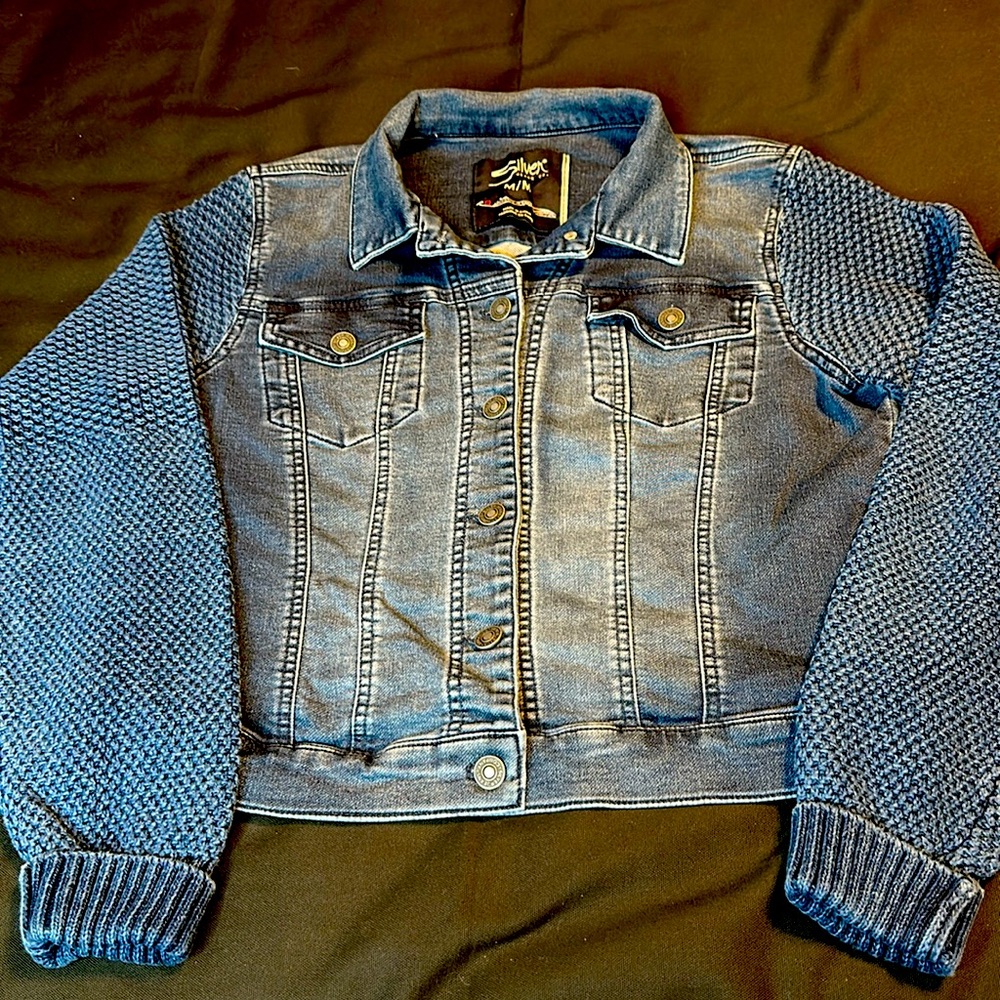 Silver Jeans Co Denim Jacket with Sweater Sleeves. Medium